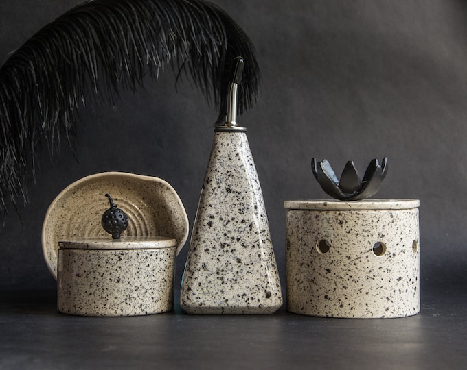 Speckled Kitchen Gift: Handmade Beige Olive Oil Dispenser, Salt Cellar, Garlic Keeper