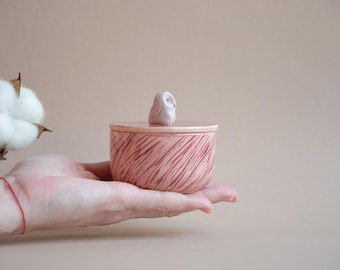 Hand Painted Ceramic Salt Cellar with Owl Bird Lid: Artisan Personalized Kitchen Christmas Gift in Lilac, Speckled, Mint, Rose colors