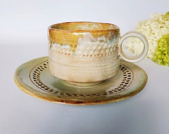 Large Soup Mug Pottery Handmade With Saucer