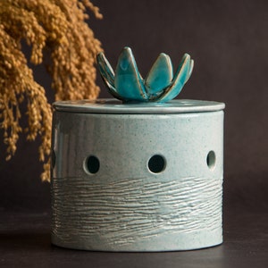 Ceramic Garlic Keeper Storage Jar Pottery Handmade: Mint with Blue Flower