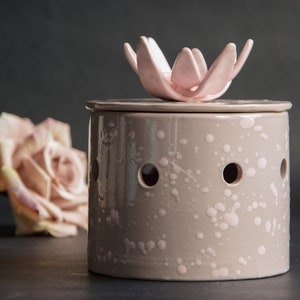 Ceramic Garlic Keeper Storage Jar Pottery Handmade: Speckled Pink Flower