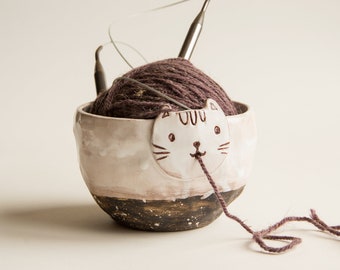 Yarn Bowl - Cat Yarn Holder - Pottery Cute Handmade Gifts for Knitters Crocheters - Grandma Christmas gift - Knitting Supplies Accessories