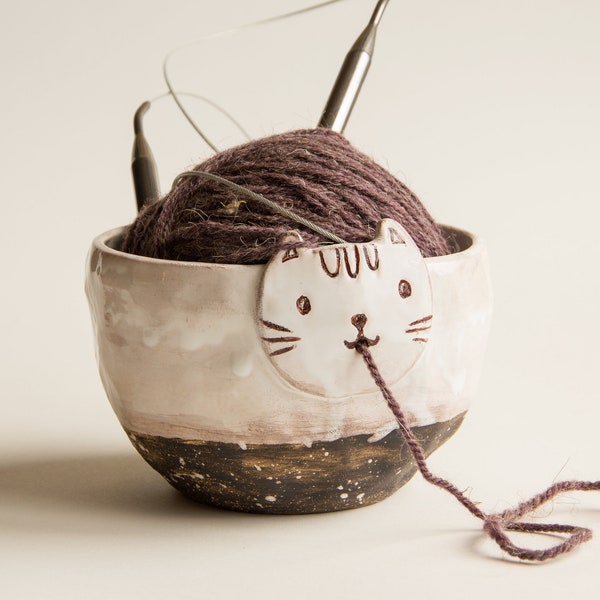 Yarn Bowl - Cat Yarn Holder - Pottery Cute Handmade Gifts for Knitters Crocheters - Grandma Christmas gift - Knitting Supplies Accessories