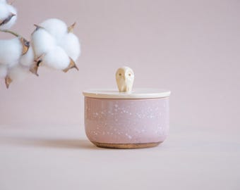 Dusty Rose Ceramic Salt Cellar with Owl Bird Lid: Personalized Handmade Pottery Kitchen Gift Idea in Coffee, Lilac, Speckled, Mint colors