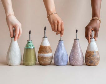 Ceramic Olive Oil Dispenser Bottle Cruet White Handmade Kitchen Gift
