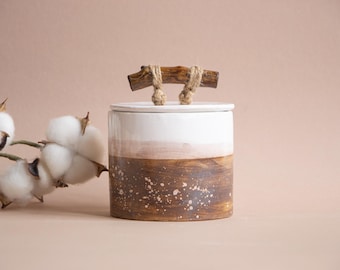 Sugar Bowl With Lid Natural Oak Handle: Pottery Handmade Wabi Sabi Kitchen Decor Gift