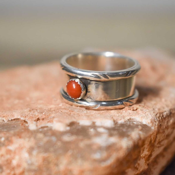 Sterling silver Navajo Red Coral ring, Size 7.5, Native American Ring