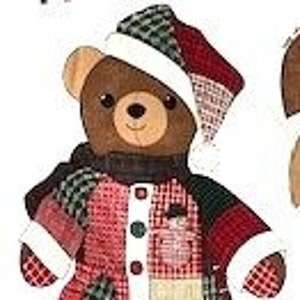 May include: A brown teddy bear wearing a red, green, and white patchwork coat with a white fur trim and a red and green Santa hat.