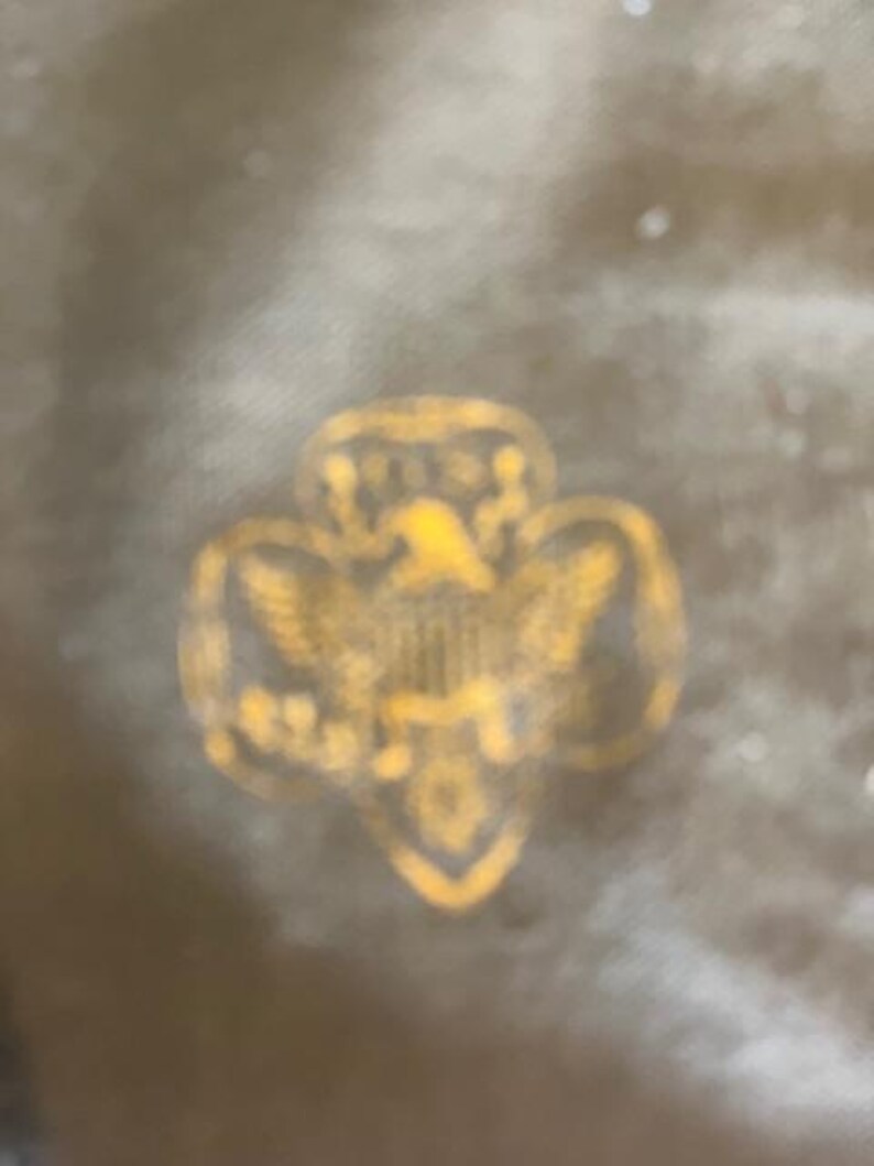 May include: A gold-coloured Girl Scout emblem, featuring an eagle and the words "Girl Scouts" at the top. The emblem is set against a muted, olive-green background.