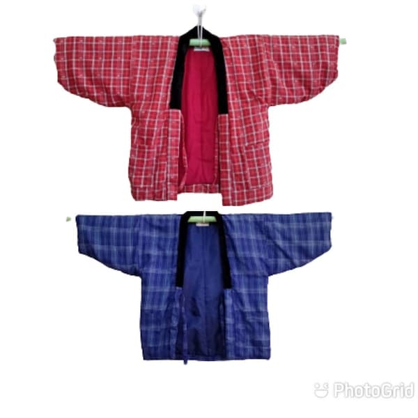 LIVRAISON GRATUITE !! vintage kimono Hanten traditionnel japonais WarmWear rembourré motif écossais beau design 2 pcs pour les enfants.