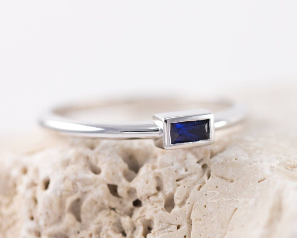 Baguette Thin Sapphire Engagement Ring 14k solid gold ring | Etsy