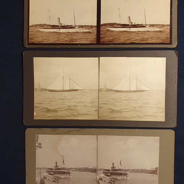 Old ships, 3 antique stereoscopic cards wit 3Dphotos of sailing yachts and a river-steamer