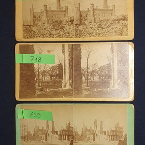 Historische foto's uit 1871, stereoscopische kaarten van de ruïnes van Chicago na de grote brand van 1871.
