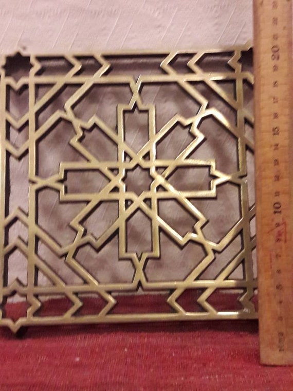 Heavy Metal Trivet Or Grating Cast Brass Openwork Square With Oriental Geometrical Motives Very Rare Decorative