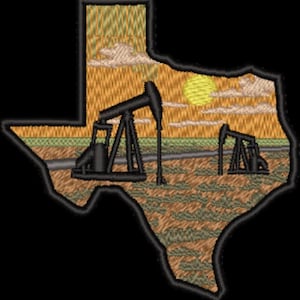 May include: Embroidered patch in the shape of Texas, featuring two black oil pump jacks in a field under a yellow sun and cloudy sky. The patch has a black border and depicts a landscape scene.