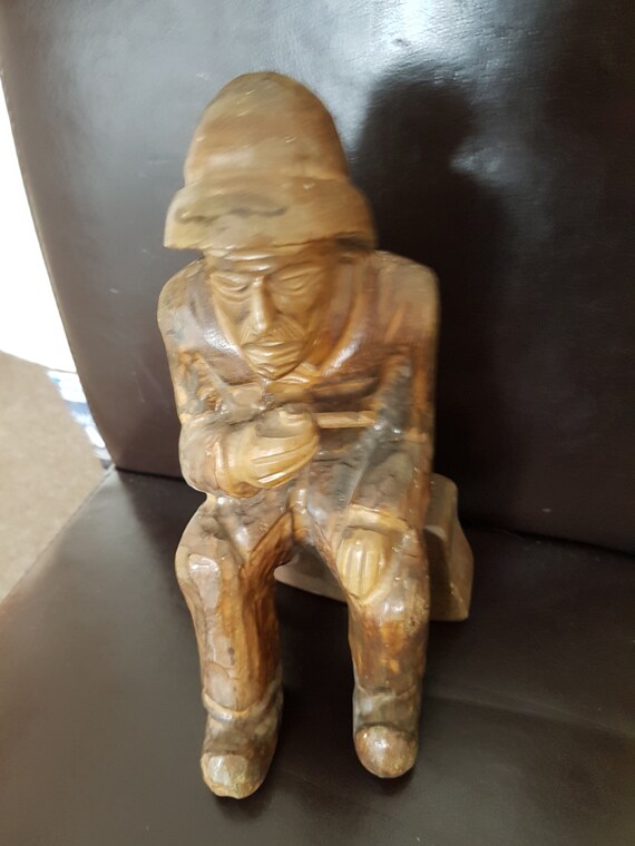 Vintage Hand Carved Wood Fisherman 20 X 14 12cm