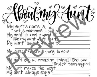 About My Aunt printable kid gift