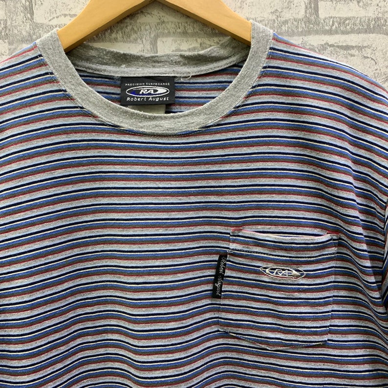 Vintage Robert August RA Surfboards Striped Style Single Pocket T-shirts