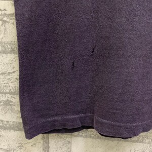 May include: A close-up of a dark purple t-shirt with a few small holes in the fabric.