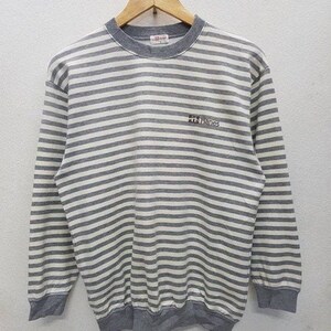 May include: Grey and white striped long-sleeved shirt with a Hanes logo on the front.