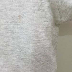 May include: A close-up of a light grey t-shirt with a small brown stain.