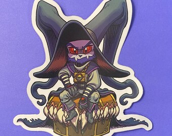 Guppy, Cat Necromancer sitting on a Mimic- Vinyl Stickers
