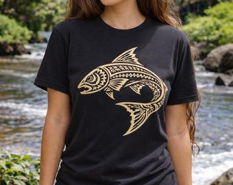 Polynesian Tribal Fish T Shirt Black Angling Tee with Bone Print Fishing Gift