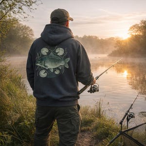 May include: A dark gray hooded sweatshirt featuring a detailed fish graphic on the back. The person is fishing near a lake at sunrise, holding a fishing rod. The sweatshirt is paired with green cargo pants and a cap.