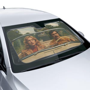 1970s Monster Chase Car Sunshade – Retro Horror Windshield Cover for SUV and Sedan – Vintage Creature Feature Gift