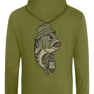 May include: Olive green hoodie featuring a cartoon fish wearing a hat and smoking a cigar. The fish holds a grenade with the text "BAIT BOMB". The design is in shades of green, brown, and tan.
