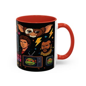 Retro 80s TV Legends Mug 11oz Accent Coffee Cup Featuring Iconic Characters & Neon Nostalgia Vintage Pop Culture Gift