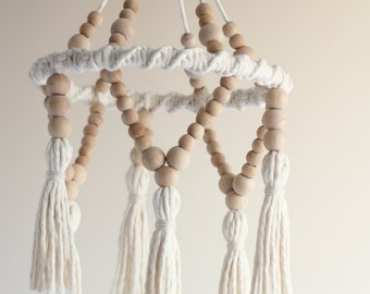 Nursery Tassel Mobile, Ceiling Hanging, Neutral Baby Mobile, Boho Chandelier, Macrame Lampshade, Wooden Beads Mobile, Expecting Mom Gift