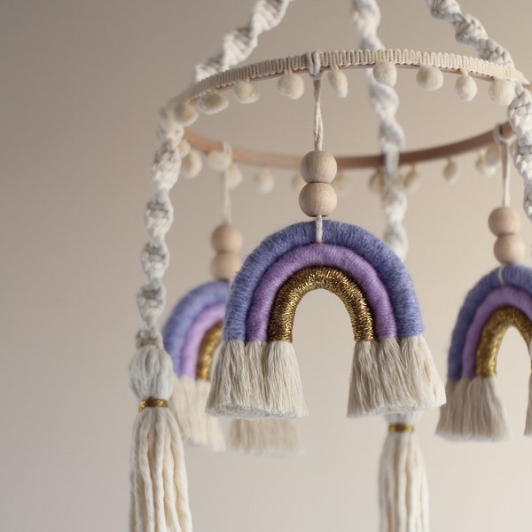 Lilac Gold Macrame Rainbow Baby Mobile, Lavender Boho Nursery Art, Purple Rainbow Girls Room Decor, Lavender Gold Baby Shower Gift