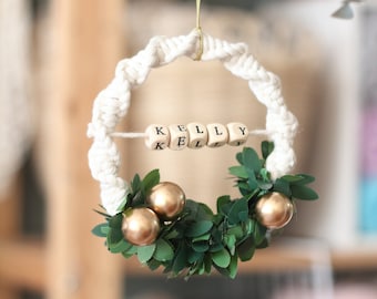 Personalized Christmas Wreath Ornament, Macrame Wreath with Name, Custom Christmas Tree Decoration, Boho Holiday Decor, Noel Hanging Gift