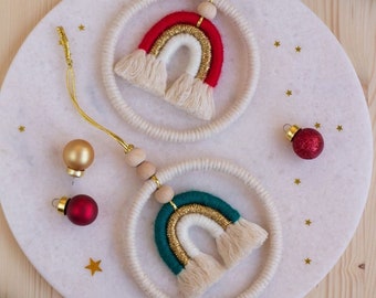 Christmas Ornament - Macrame Rainbow Hanging In The Hoop - Christmas Tree Decor - Holiday Ornament - Boho Christmas Decor