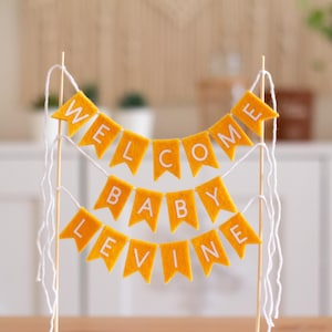 Topo de bolo personalizado para chá de bebê - Topo de bolo com faixa de feltro - Decoração de bolo de boas-vindas para bebê - Topo de bolo para revelação do sexo do bebê - Celebração do bebê