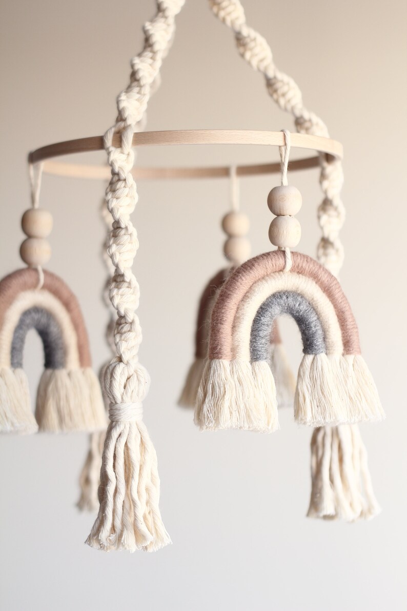 Rainbow Baby Mobile Boho Nursery Decor With Three Macrame Etsy