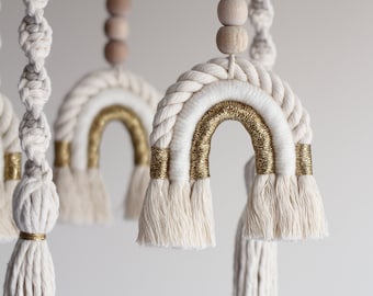 White and Gold Nursery, Macrame Rainbow Baby Mobile, Boho Kids Room Decor, White Nursery Mobile with Beaded Rainbows and Macrame Tassels