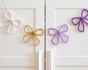 Bow Garland - Lilac and Gold Knitted Wire Tricotin Bow Wall Decor - Little Girls Room Decoration - Bow Party Garland - Gift for Girl Baby