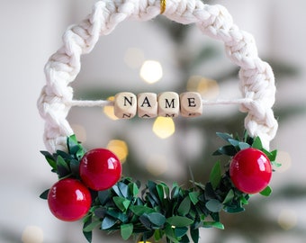 Personalized Christmas Wreath Ornament, Macrame Wreath with Name, Custom Christmas Tree Decoration, Boho Holiday Decor, Noel Hanging Gift