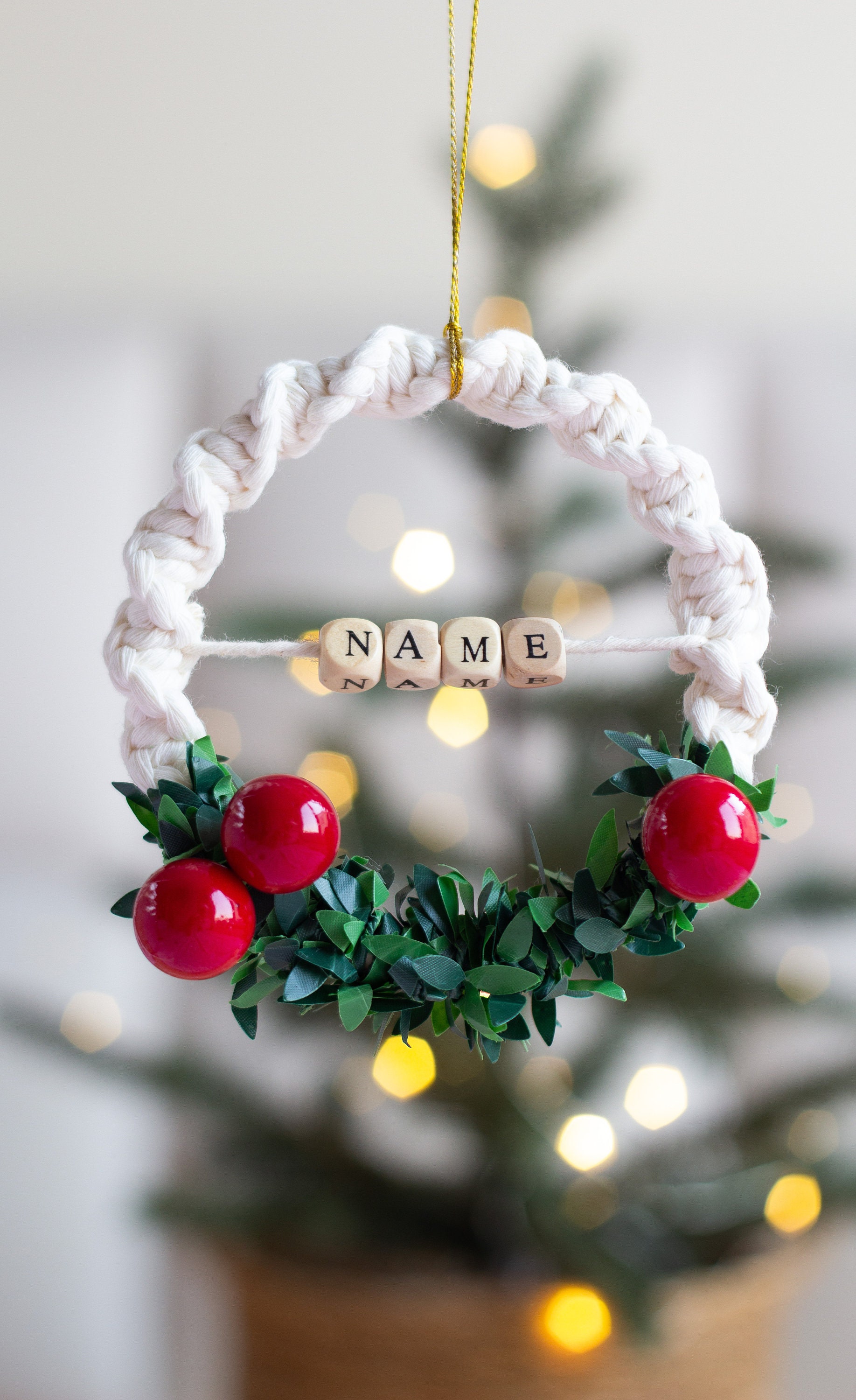 Personalized Christmas Wreath Ornament, Macrame Wreath With Name