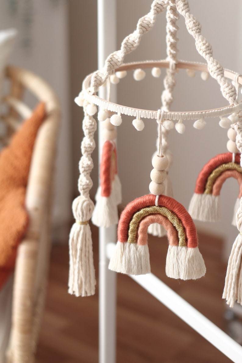 Macrame Rainbow Baby Mobile for Girls Brick Pink Peach and - Etsy