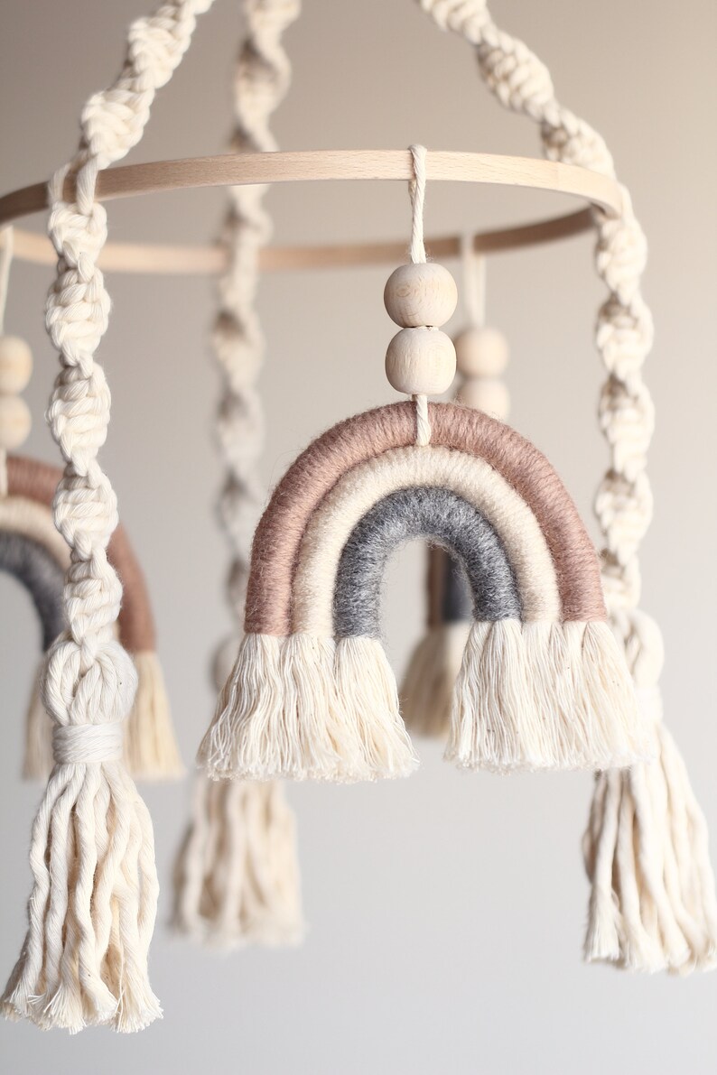 Rainbow Baby Mobile Boho Nursery Decor With Three Macrame Etsy
