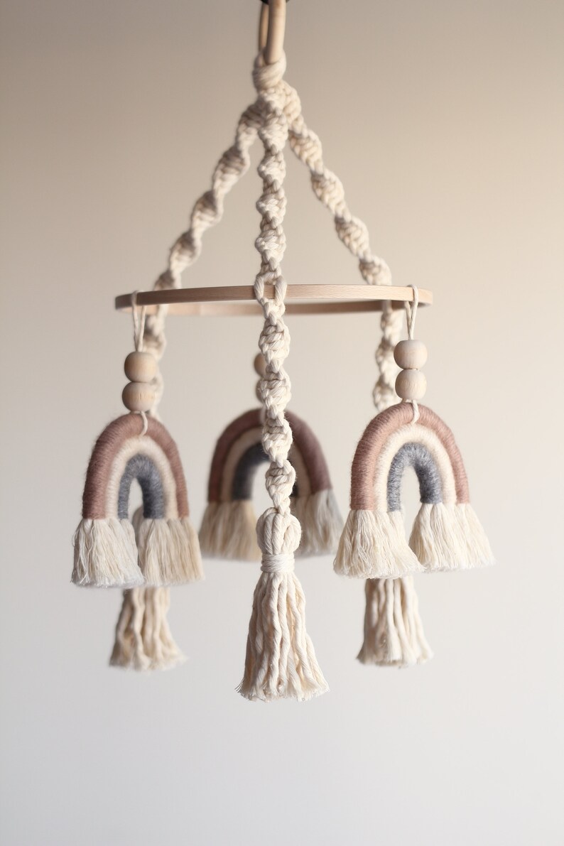 Rainbow Baby Mobile Boho Nursery Decor With Three Macrame Etsy