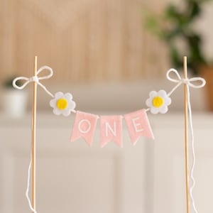 Topper per torta di primo compleanno Daisy – Mini bandierine in feltro rosa chiaro con fiori – Decorazione per festa di smash cake – 1° compleanno Daisy