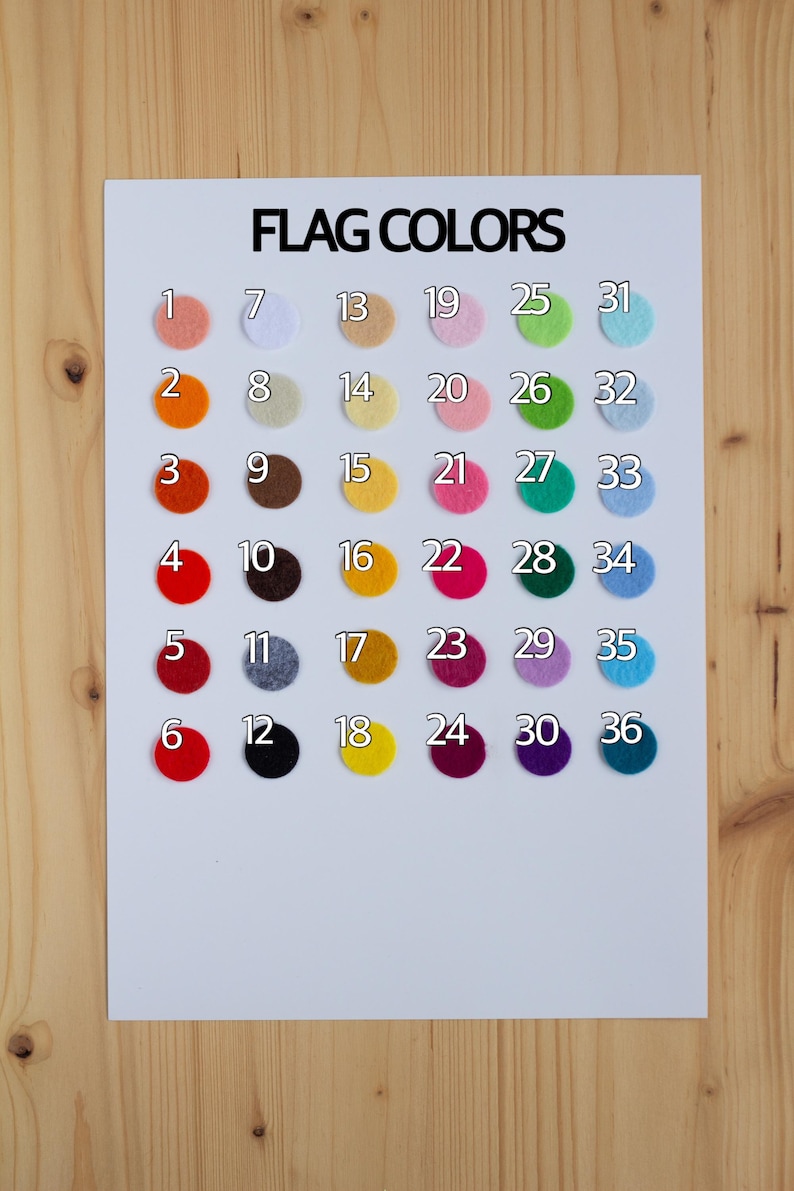 May include: A chart with 36 color swatches labeled with numbers 1 through 36. The chart is titled "FLAG COLORS".