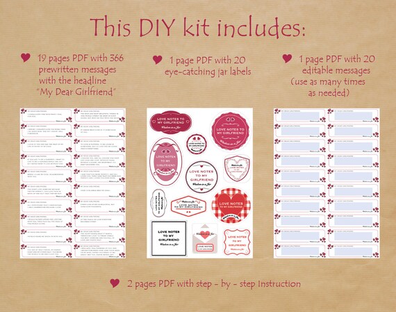 printable love notes to my girlfriend 365 messages quotes for jar 12 jar labels editable pdf anniversary birthday diy gift for her love notes for girlfriend