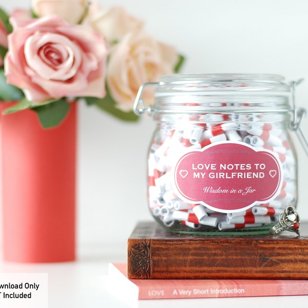 PRINTABLE Love Notes to My Girlfriend - 365 messages quotes for jar, 12 jar labels & editable PDF - Anniversary Birthday DIY Gift for her