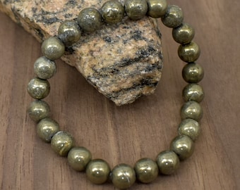 Bracelet en perles de pyrite naturelles de 8 mm (5 à 9 pouces) - Homme, femme, bracelet-collier unisexe en pierres précieuses disponible - Pierre de guérison