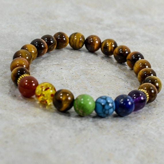 Tiger Eye and Turquoise Stretch Bracelet Men or Women, 8-inch Tiger Eye and Turquoise Stretch Bracelet Men or Women, 8-inch